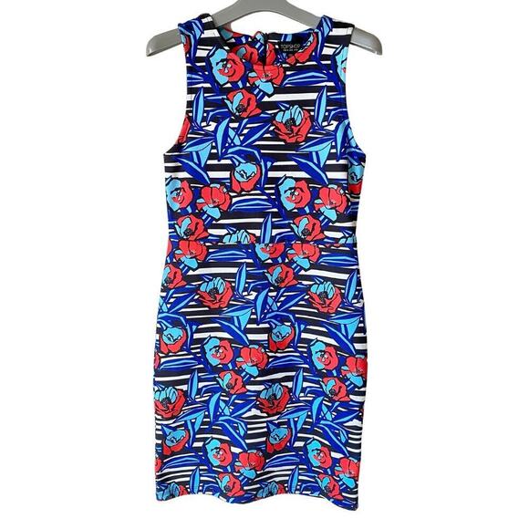 TOPSHOP Dress Floral Mini Sleeveless High Neck Scuba Stripe Blue Pink Black 6 - Picture 4 of 8